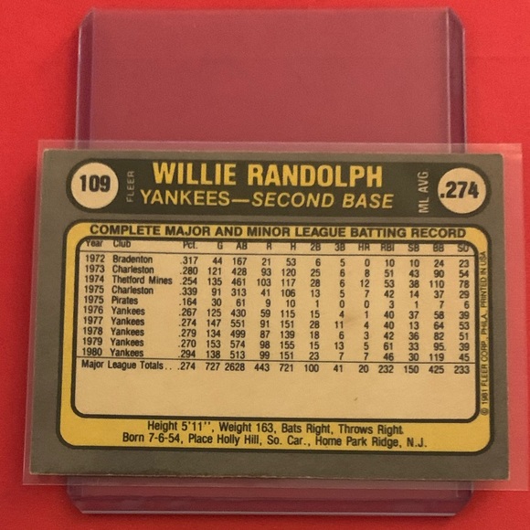 Willie Randolph #109 1981 Fleer Baseball Trading Card - Picture 2 of 2